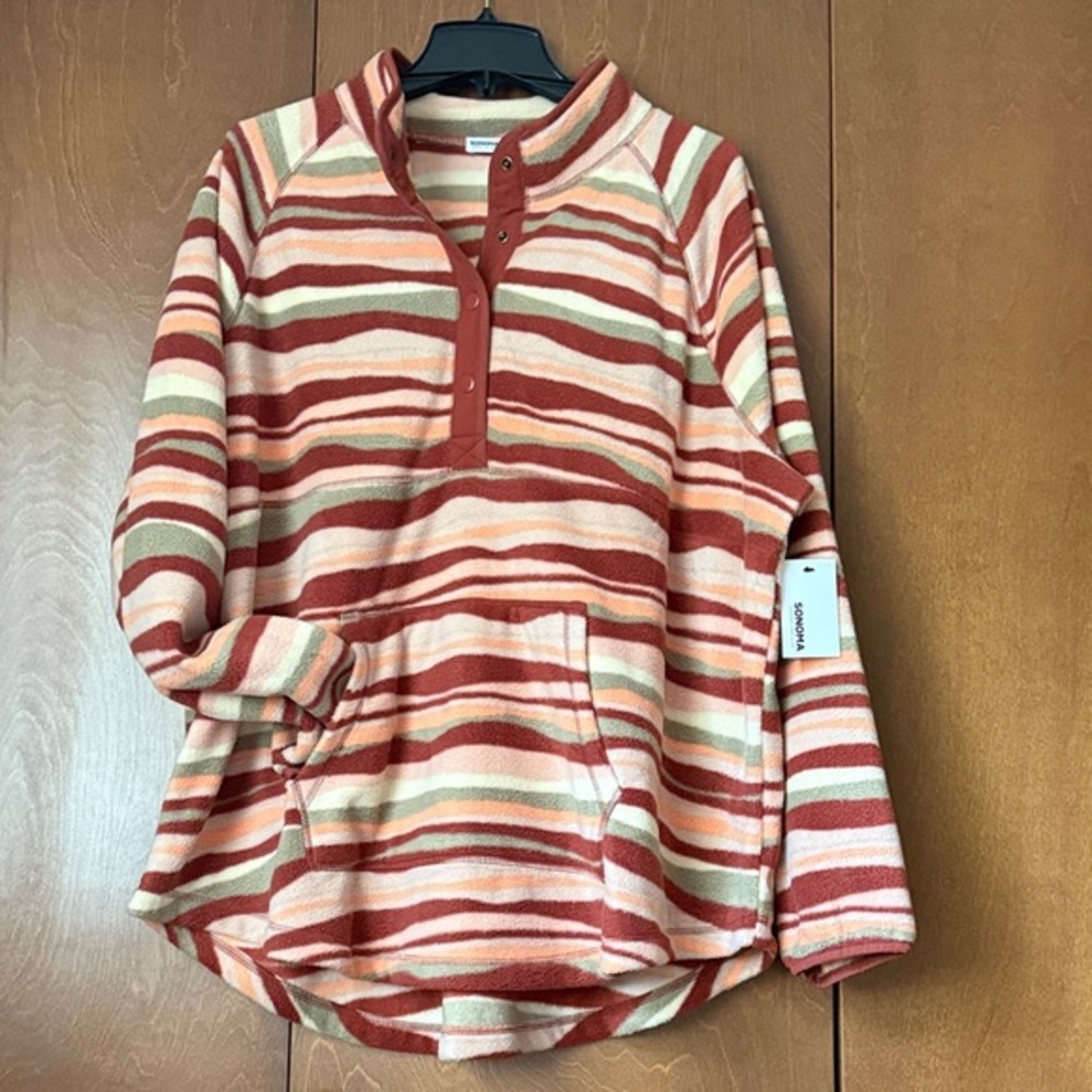 Sonoma NWT 2X Striped Pullover Winter Weight Fleece. Snap Neck,  Kangaroo Picket